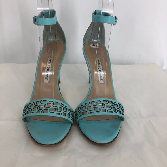 Manolo  Blahnik Maurila Turquoise Geometric Laser Cut Sandal Heels Leather 41 - Picture 3 of 16